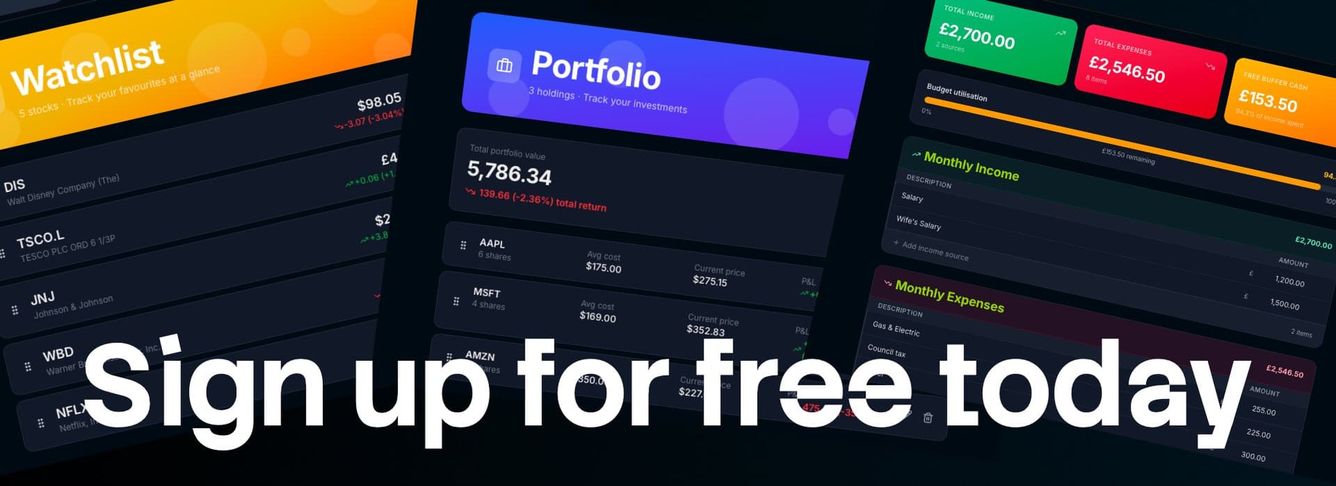 Watchlist, portfolio tracker and budget planner — Sign up for free today